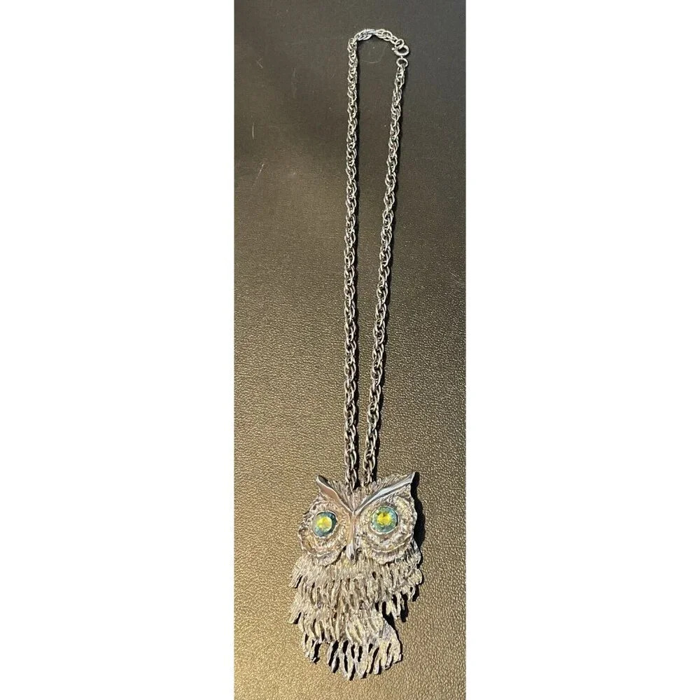 Owl Necklace Blue Rhinestone Eyes 3D Hinged Silver Tone Articulated Retro MCM